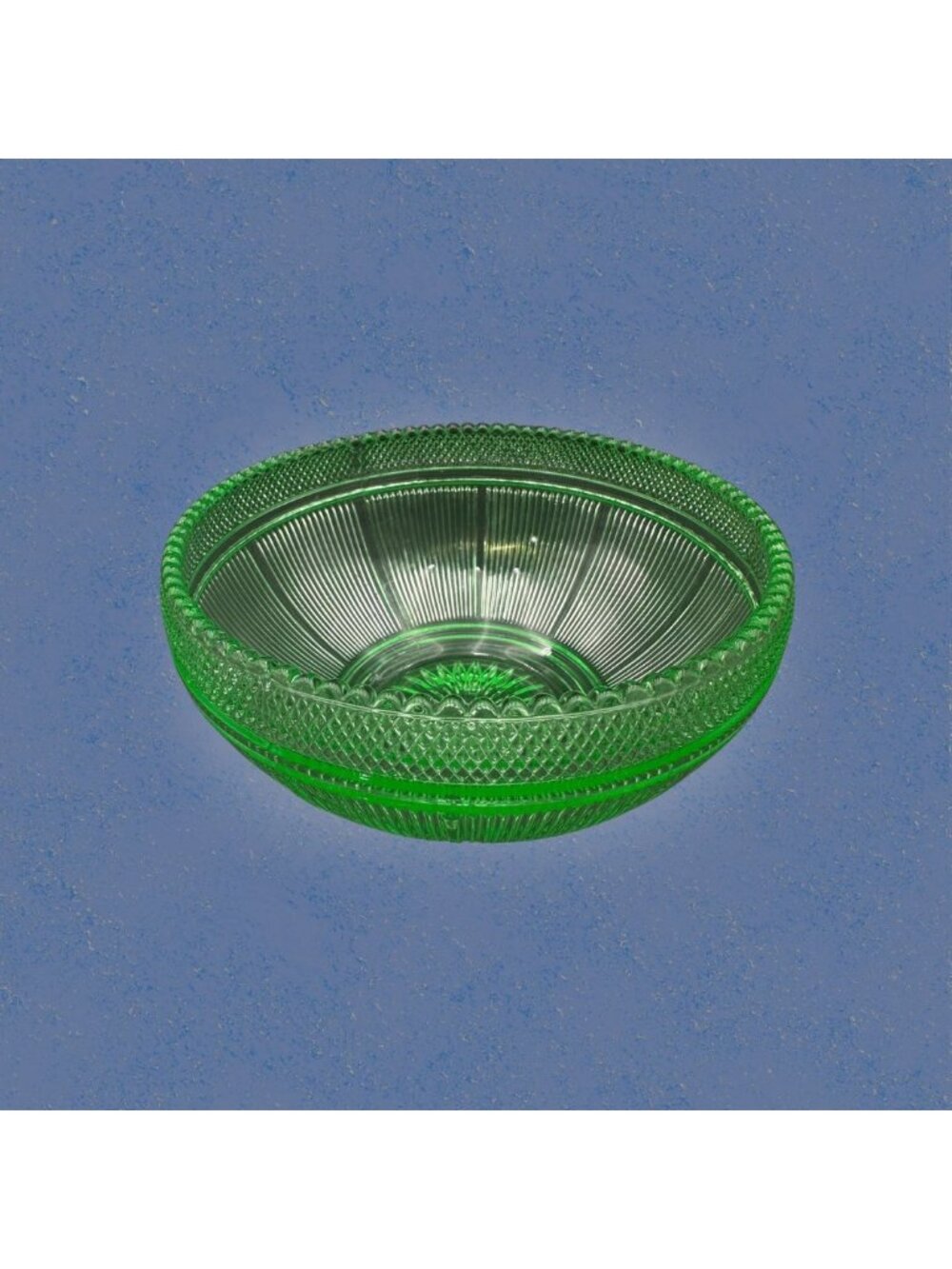 Vintage uranium vaseline glass serving bowl, UV glow, ribbed diamond starburst,